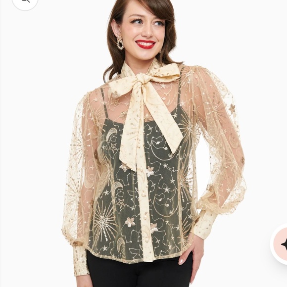 Unique Vintage Champagne Celestial Sequin Sheer Gwen Blouse - Picture 2 of 7